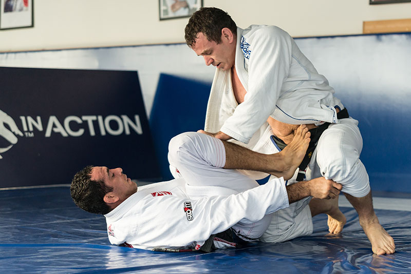 Two practitioners training Brazilian jiu jitsu